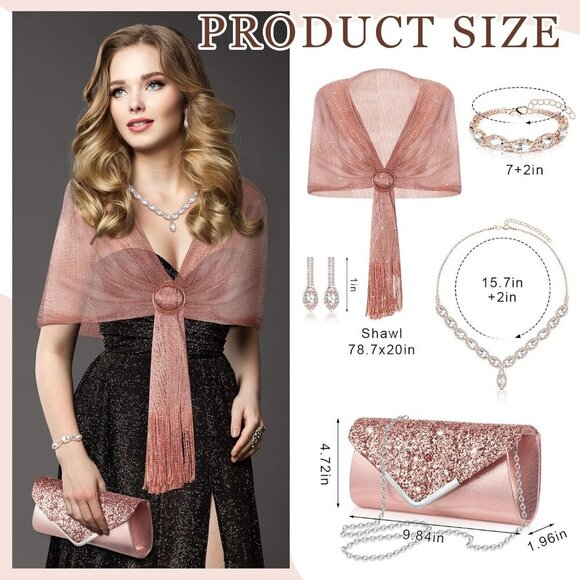 Rhinestone Jewelry Set with Shawl Clutch Purse for Women Evening Weddings - Picture 4 of 7